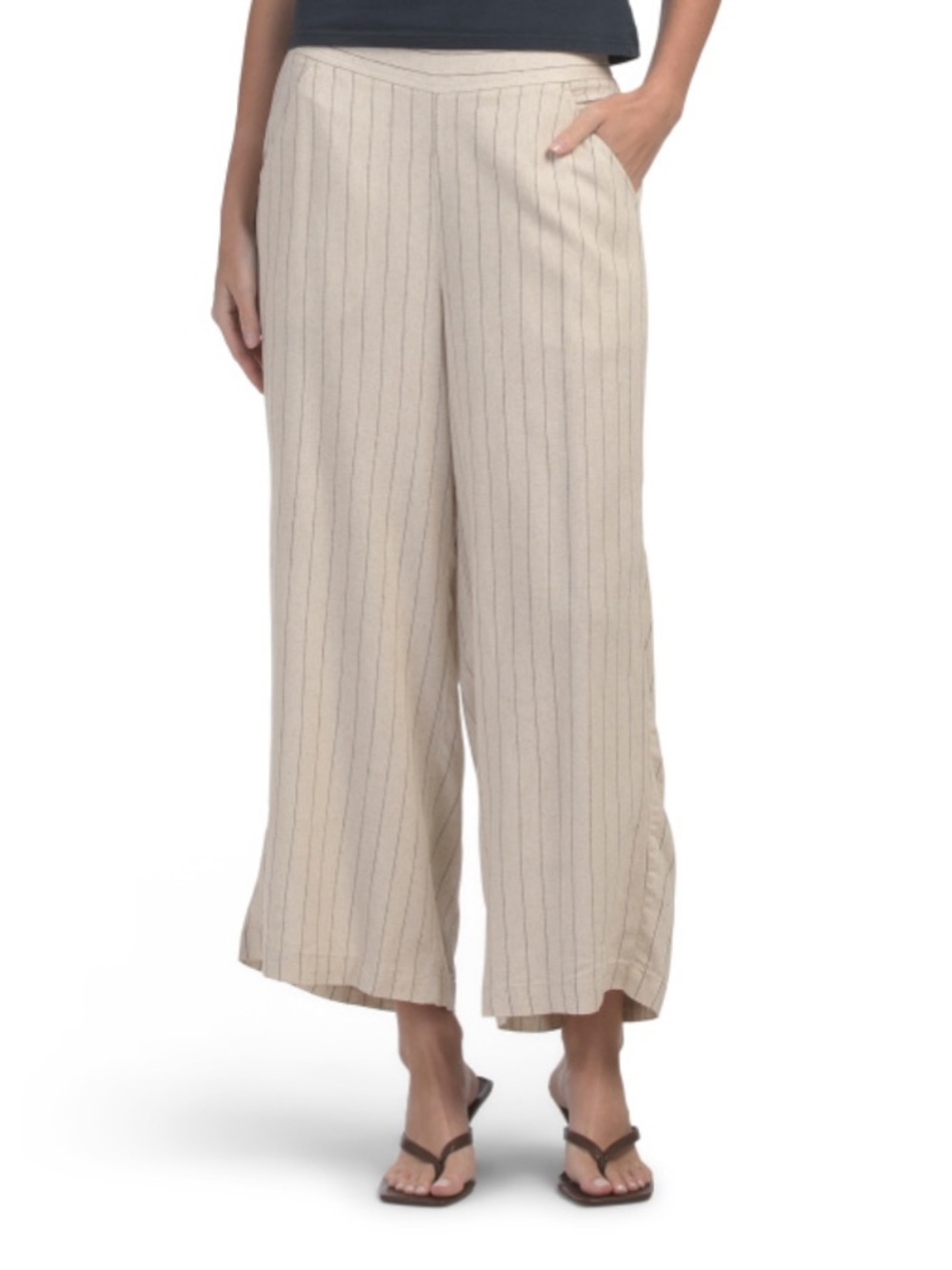 Womens Max Studio Linen Blend Cropped Wide Leg High Rise Elastic Back